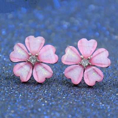 E0133 New Arrival Pink Flower Stud Earrings Korean Style Sweet Cute Earrings For Women Beautiful Crystal Accessories Girl's Gift