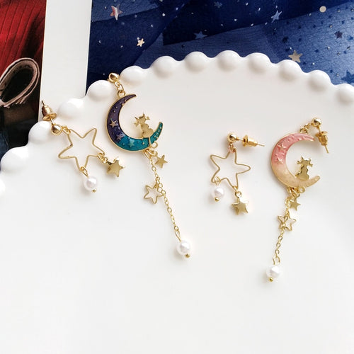 Timlee E278 New Popular Sweet Dream Sky Moon Star Cat Imitation Pearl Pendant Long Drop Earring Beautiful Accessories wholesale